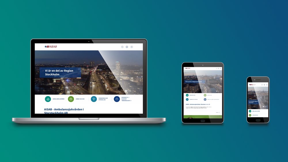 Webbplatsen presenterad på Desktop, Tablet och mobil blå bakgrund